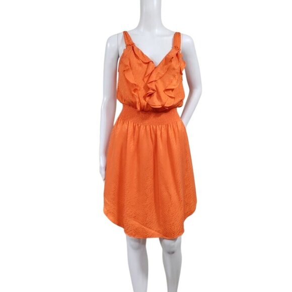 Rebecca Taylor 100% Silk Ruffled Blouson Summer Dress Vibrant Orange Women's 8 - Picture 2 of 15